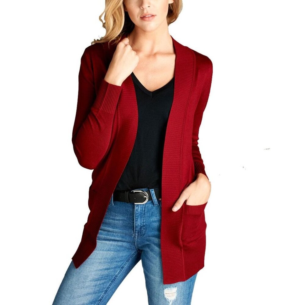 Active Basic Lightweight Open-Front Burgundy Cardigan With Pockets